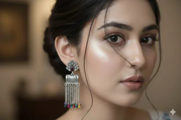 Oxidized Silver Peacock Jhumka Earrings with Multicolor Bead Tassels