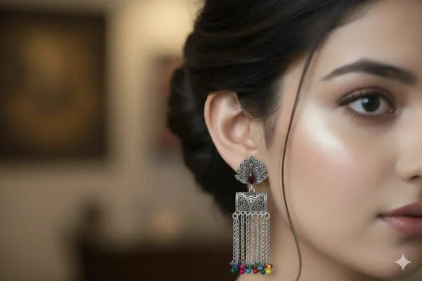 Oxidized Silver Peacock Jhumka Earrings with Multicolor Bead Tassels