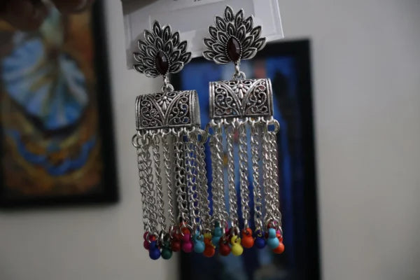 Oxidized Silver Peacock Jhumka Earrings with Multicolor Bead Tassels