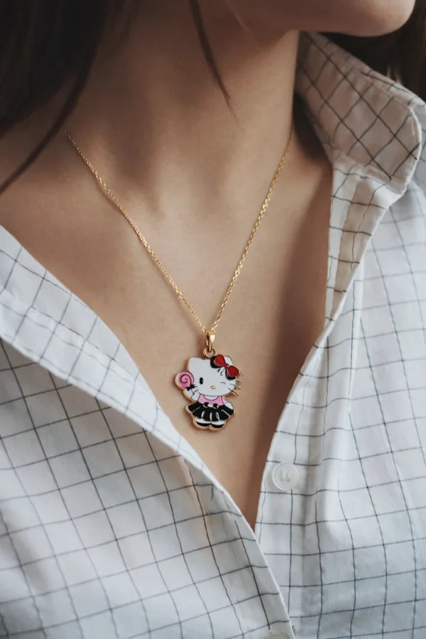 Cute Kitty Pendant Necklace – Enamel Cartoon Locket with Gold-Color Chain