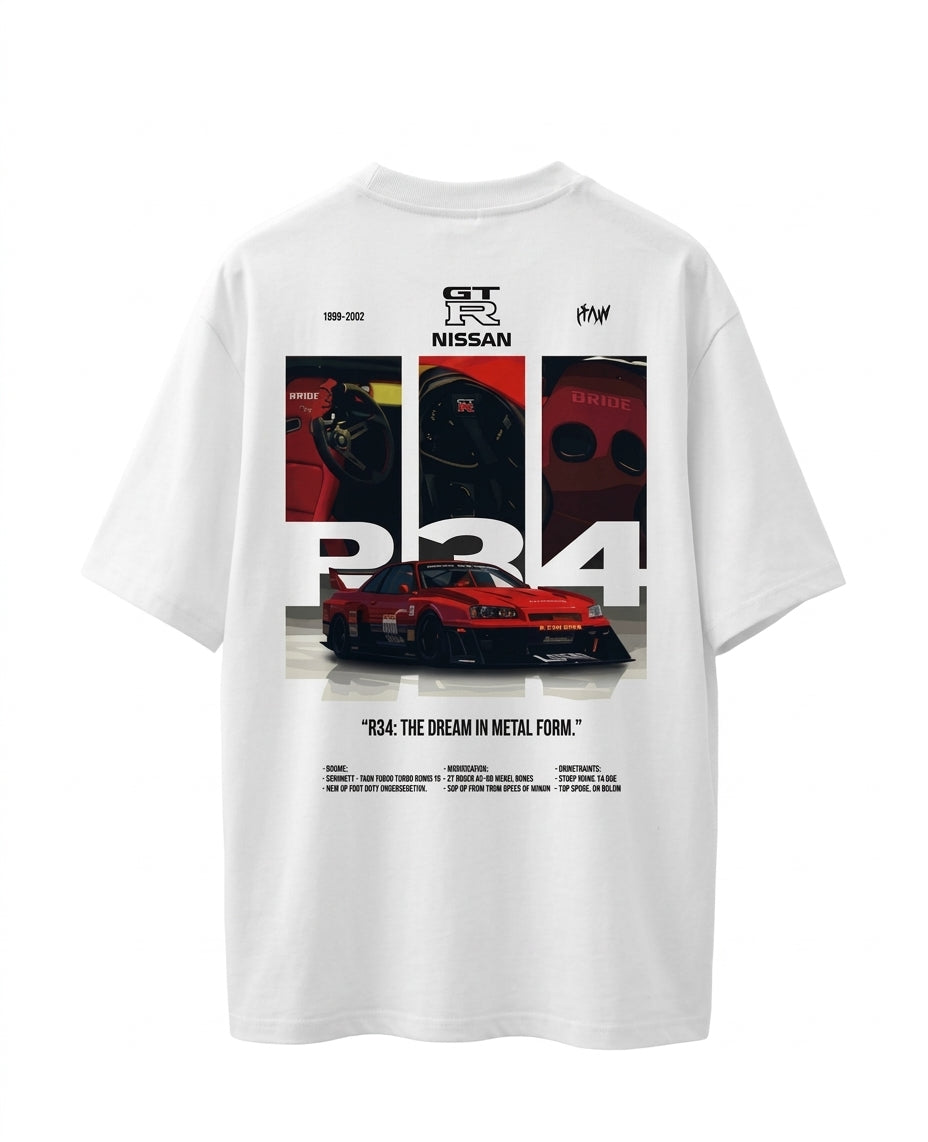 Nissan GT-R R34 "The Dream in Metal Form" Oversized Graphic T-Shirt - White