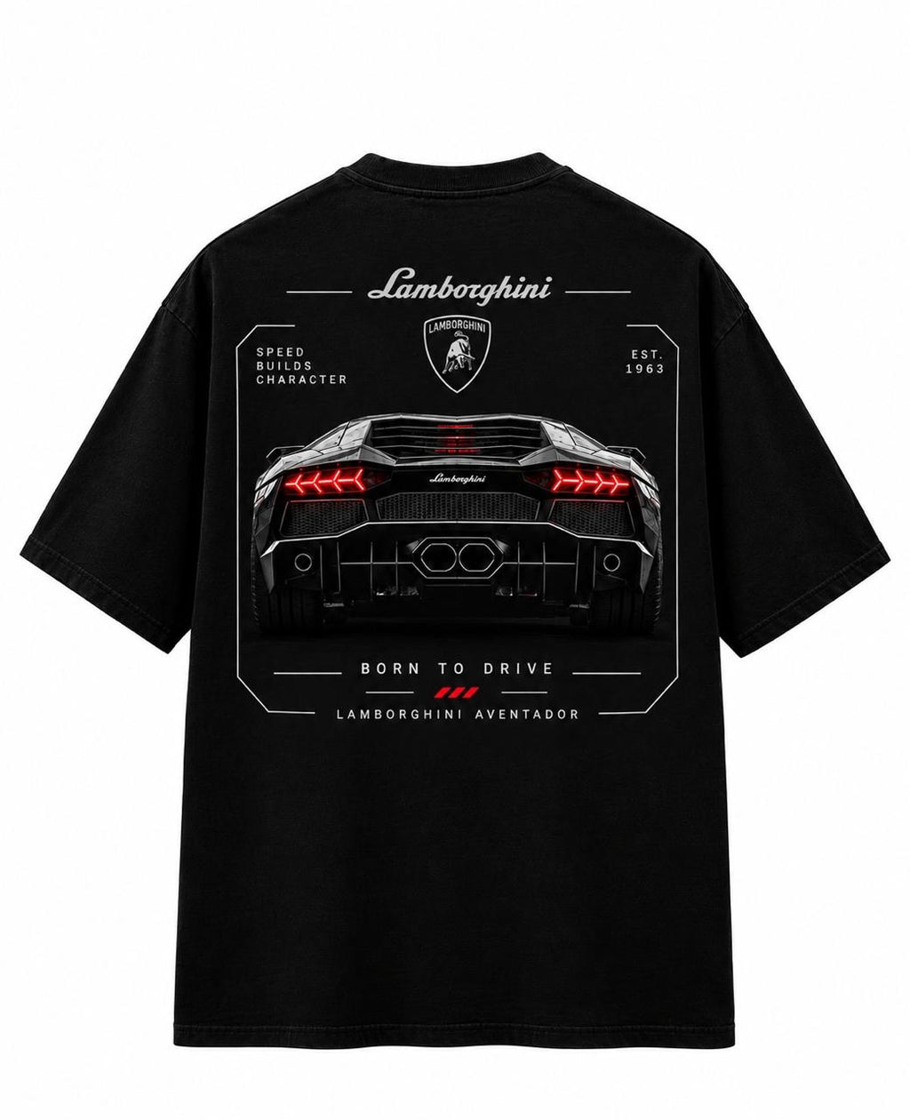 Lamborghini Aventador "Born to Drive" Oversized Graphic T-Shirt - Black