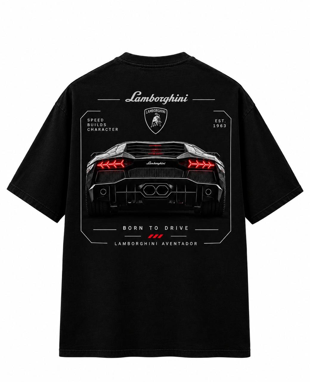 Lamborghini Aventador "Born to Drive" Oversized Graphic T-Shirt - Black