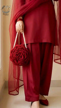 Women’s Crochet Rose Handbag with Pearl Beaded Strap – Handmade Flower Shoulder Bag