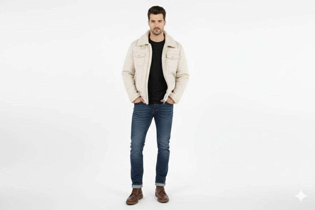Men’s Beige Winter Jacket with Faux Shearling Lining
