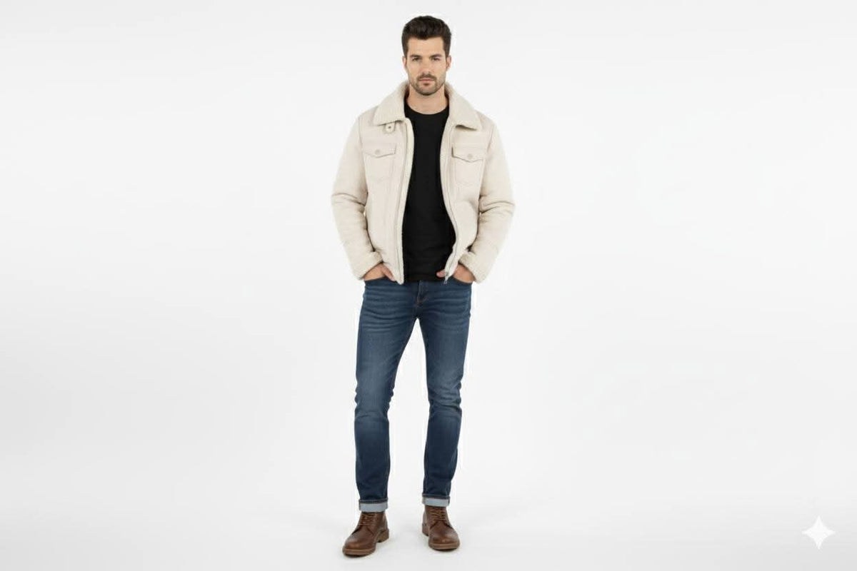 Men’s Beige Winter Jacket with Faux Shearling Lining