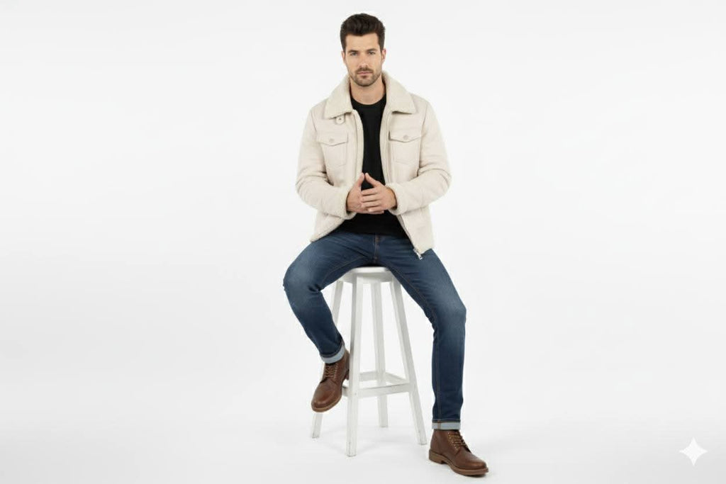 Men’s Beige Winter Jacket with Faux Shearling Lining