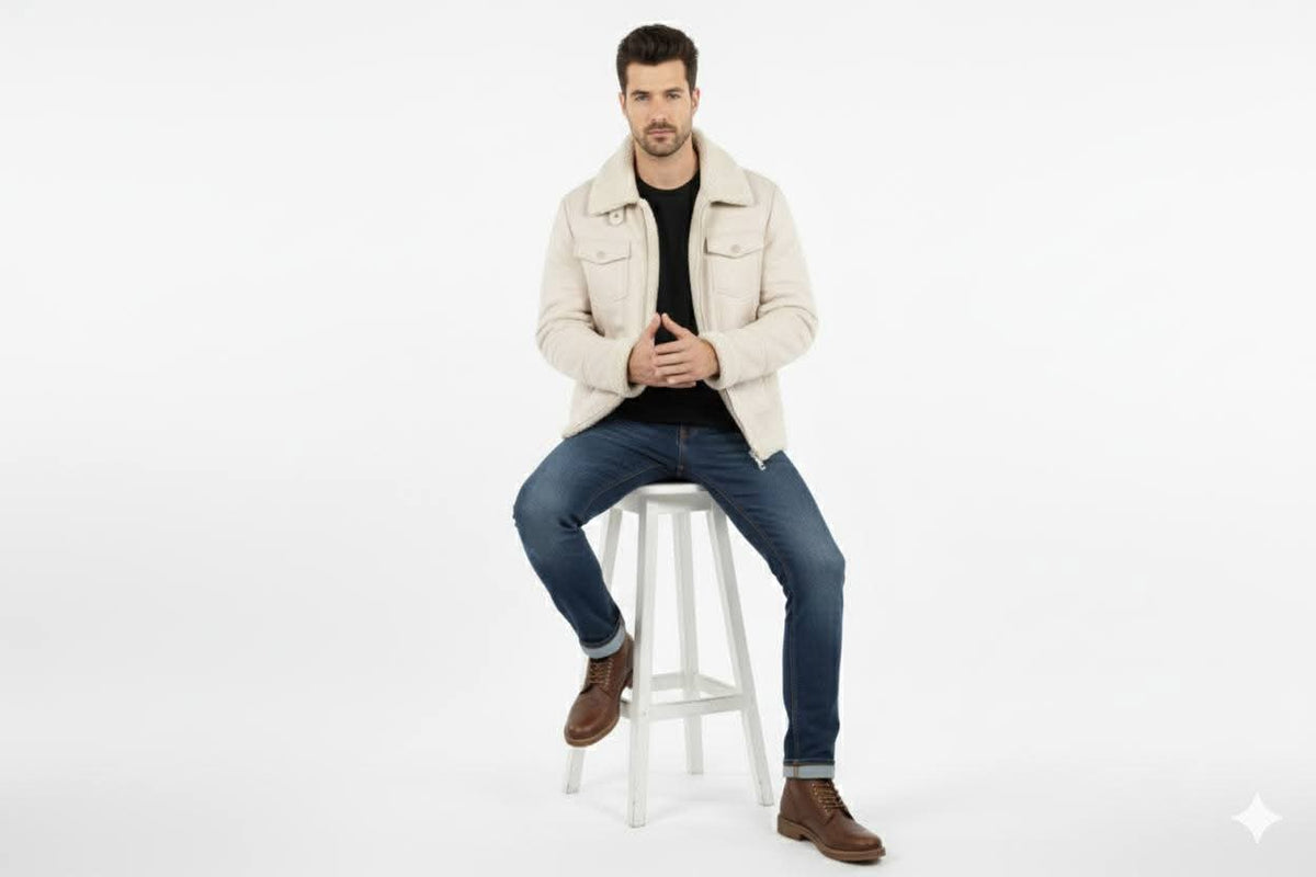Men’s Beige Winter Jacket with Faux Shearling Lining
