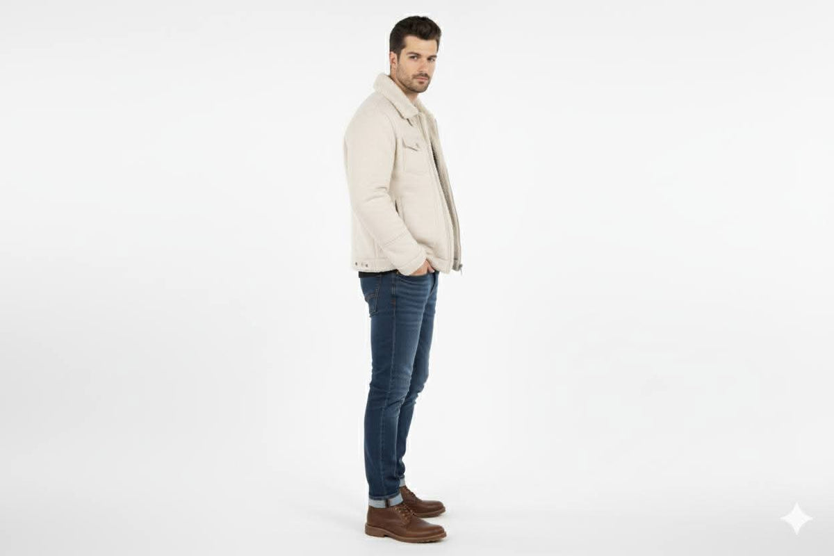 Men’s Beige Winter Jacket with Faux Shearling Lining